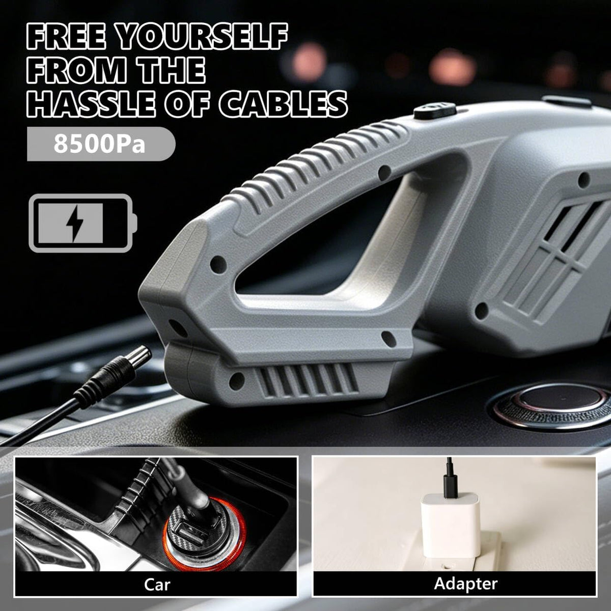 Car Detailing Kit Interior Cleaning - with 8500PA Car Vacuum Portable Cordless, Car Detailing Brush Set, Windshield Tool, Car Wash Kit for Women/Men, Gray