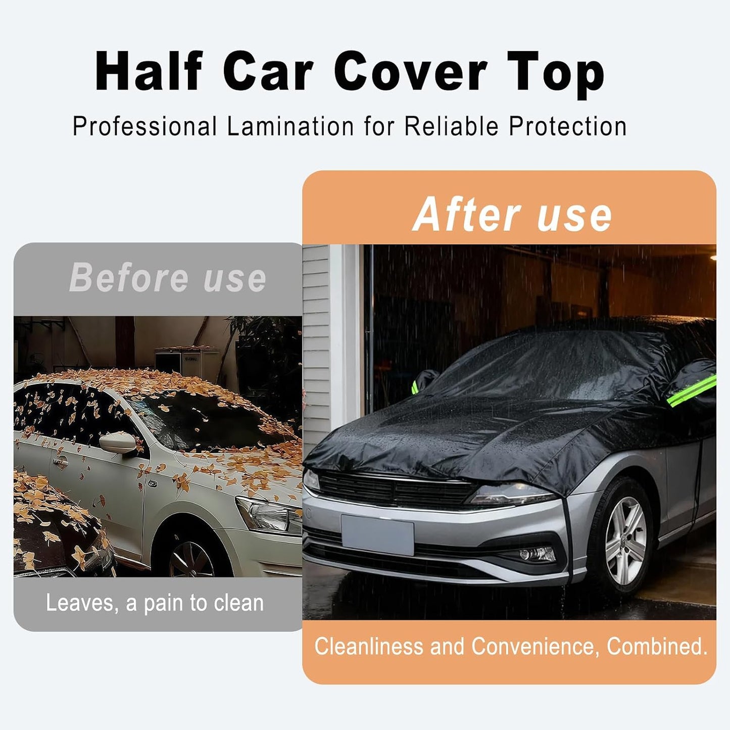 Half Car Cover Waterproof All Weather, Sunproof Windshield Cover for Ice and Snow Top with Reflective Straps, Front Rear Window Hail Protector for Sedan (3 XL)