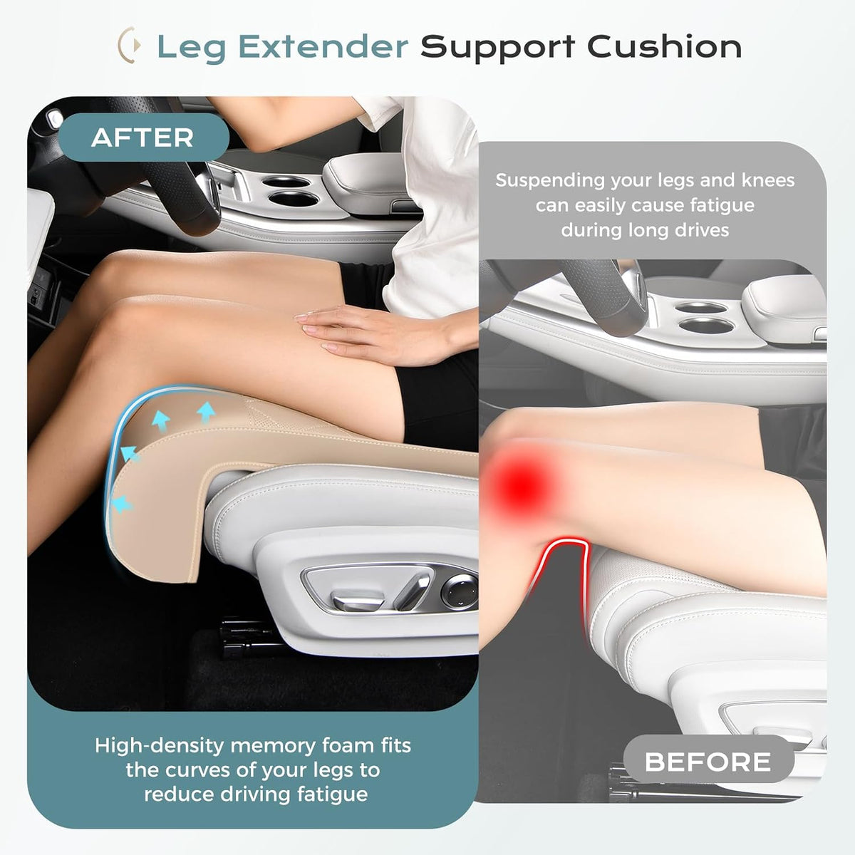 Coverado Car Seat Extender Leg Support, Leather Leg Extender Cushion for Car Seats, Waterproof Car Seat Cushion Universal Fit for Most Vehicles (Beige)