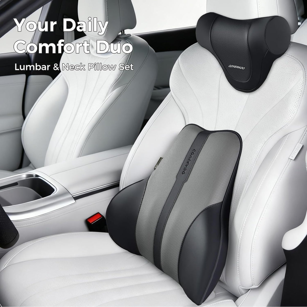Coverado Lumbar Support Pillow for Car, Ergonomic Memory Foam Back Pillow for Office Chair, Back Cushion for Back Pain Relief, PU Leather Car Lumbar Support for Driving Seat - Black&Gray