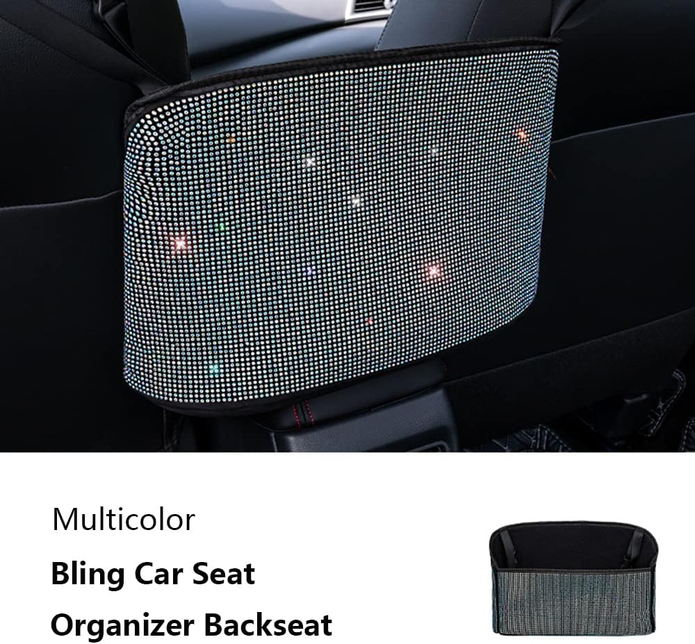 Car Net Pocket Handbag Holder Between Seat Back Organizer Storage Bag, Purse Holder for Console Front Seat Storage Barrier, Rhinestone Car Storage Organizer Between Front Seats, Multicolor