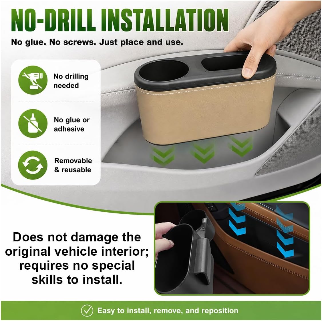 Car Trash Can with Lid, Leakproof Car Back Seat Hanging Garbage Organizer with Cup Holder, Multipurpose Auto Interior Door Trash Bin for Vehicle, Home, Office(Beige)