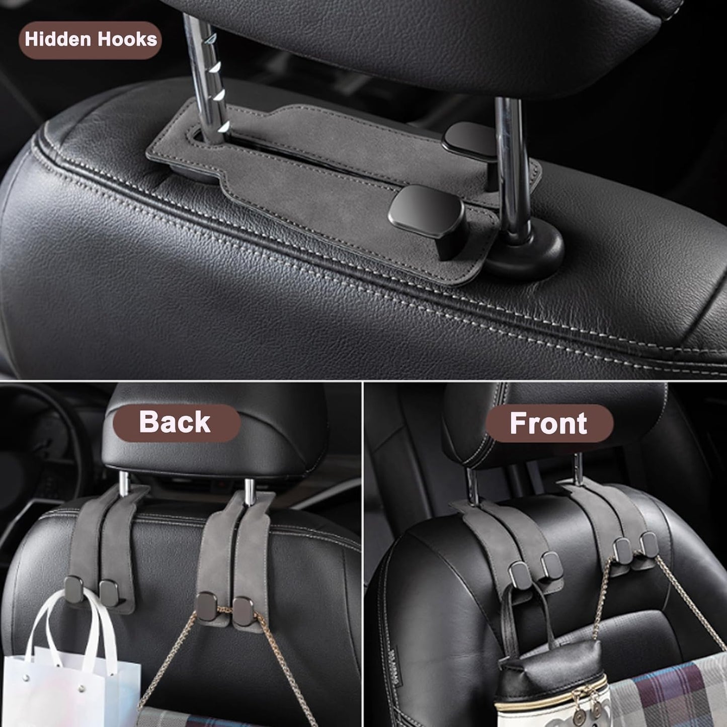 Amelity Car Headrest Hooks, Purse Hook for Car 4 Pack Gray | Universal Car Interior Accessories for Women, Available in 2/4 Pack, Storage Hanger Holds Purses, Backpacks, Grocery Bags
