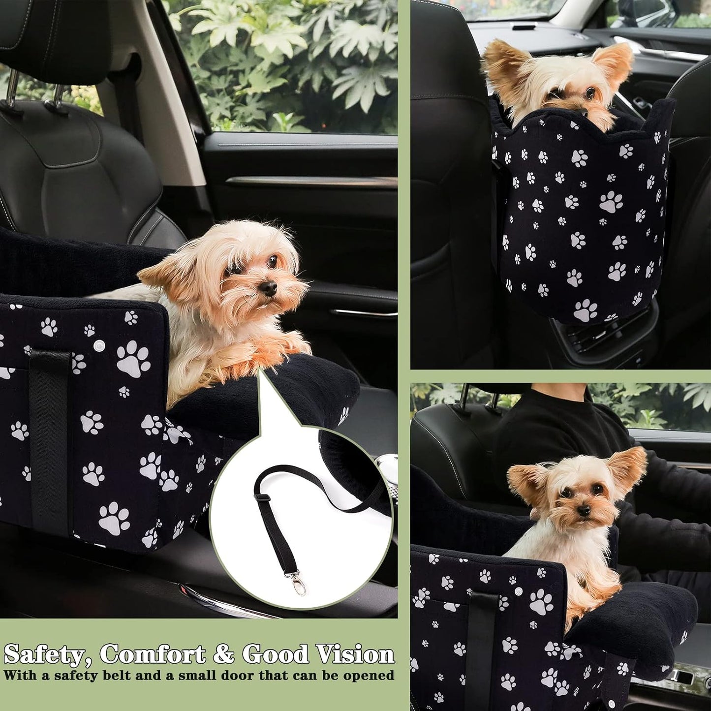 Center Console Dog Car Seat Safe Travel for Small Dogs Under 15 lbs Detachable Washable Pet Carrier with Storage Pockets & Safety Leash,Black