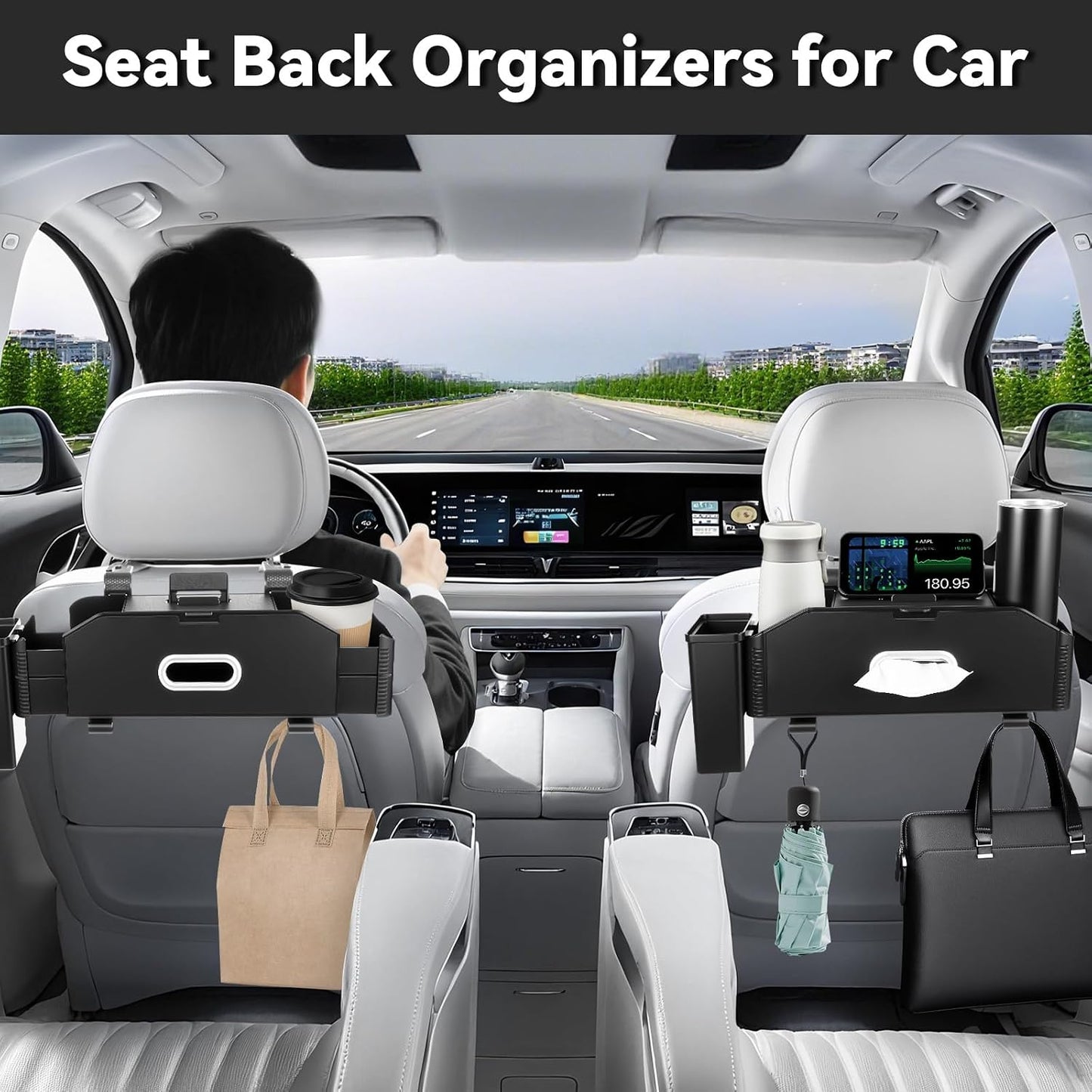 7-In-1 Car Seat Back Organizer with Cup Holders, Tissue Box, Removable Trash Can & Hooks, Multifunctional Car Seat Back Storage Box, Extra Headrest Cup Holder for Backseat (Black02)