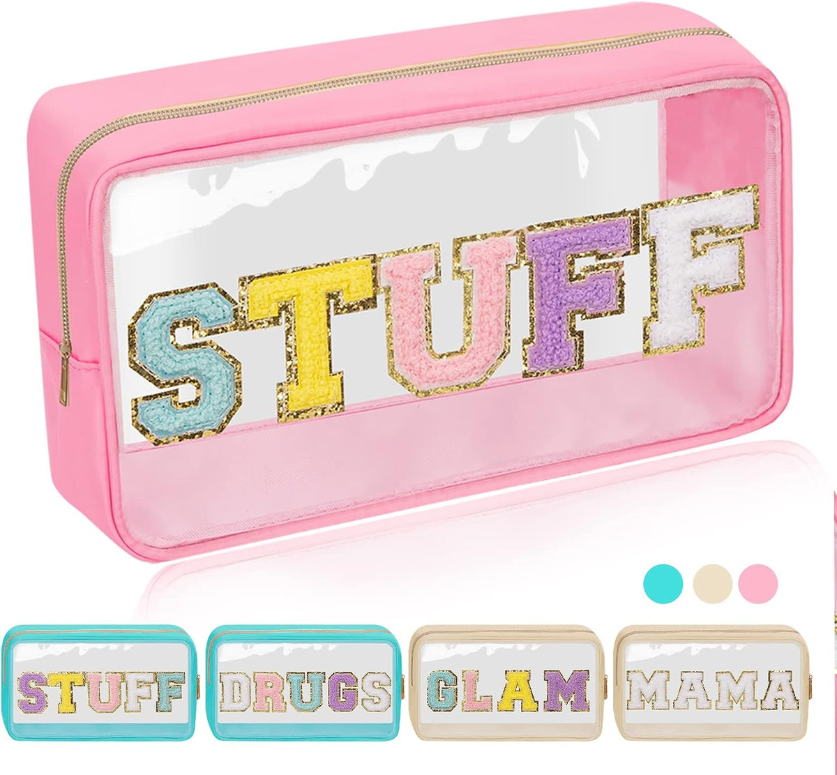 Iqimott Clear Patch Makeup Bag Stuff Pouch, Preppy Personalized Chenille Letter Cosmetic Pouch for Travel, Nylon Waterproof Monogram Pouches Zipper Toiletry Bags for Women Girls(STUFF, Pink)