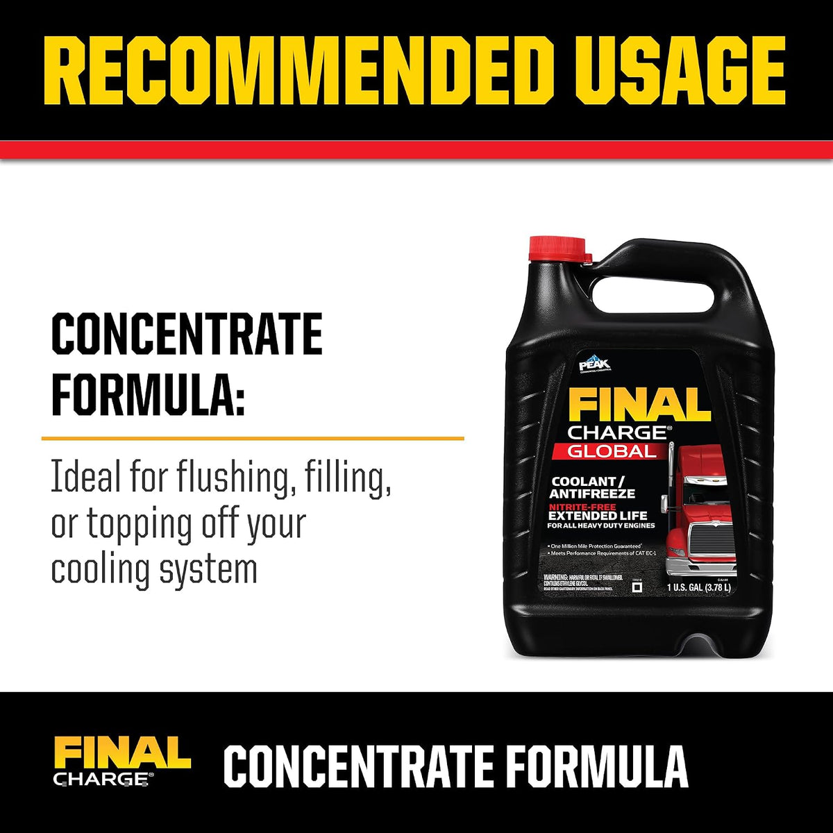 PEAK FINAL CHARGE Global Extended Life Concentrate Antifreeze/Coolant for All Heavy Duty Engine Cooling Systems, 1 Gal.