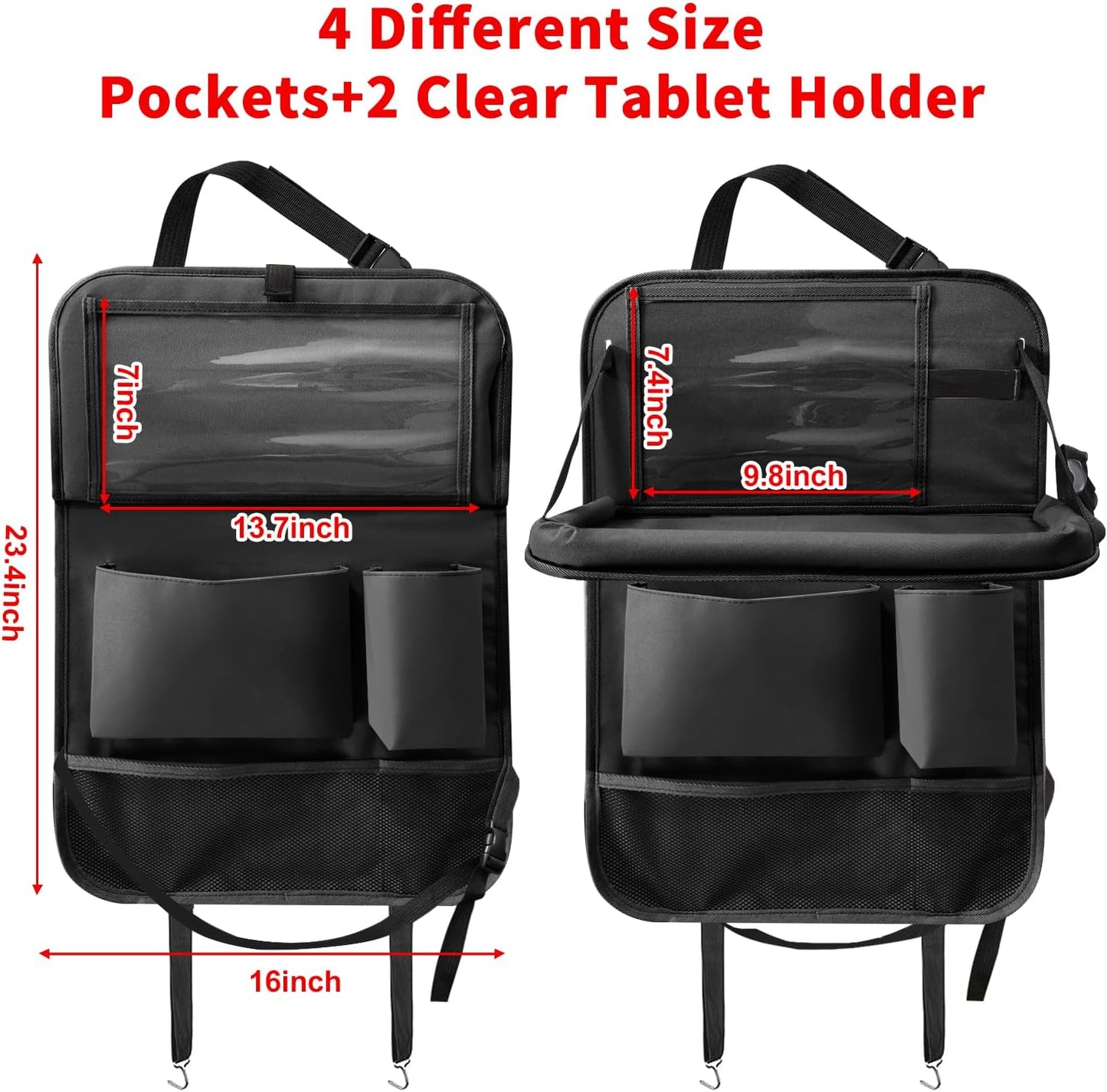 Car Backseat Organizer with Tablet Holder, 6 Storage Pockets Foldable Table Tray Seat Back Protectors Kick Mats Travel Accessories, 2 Pack Black