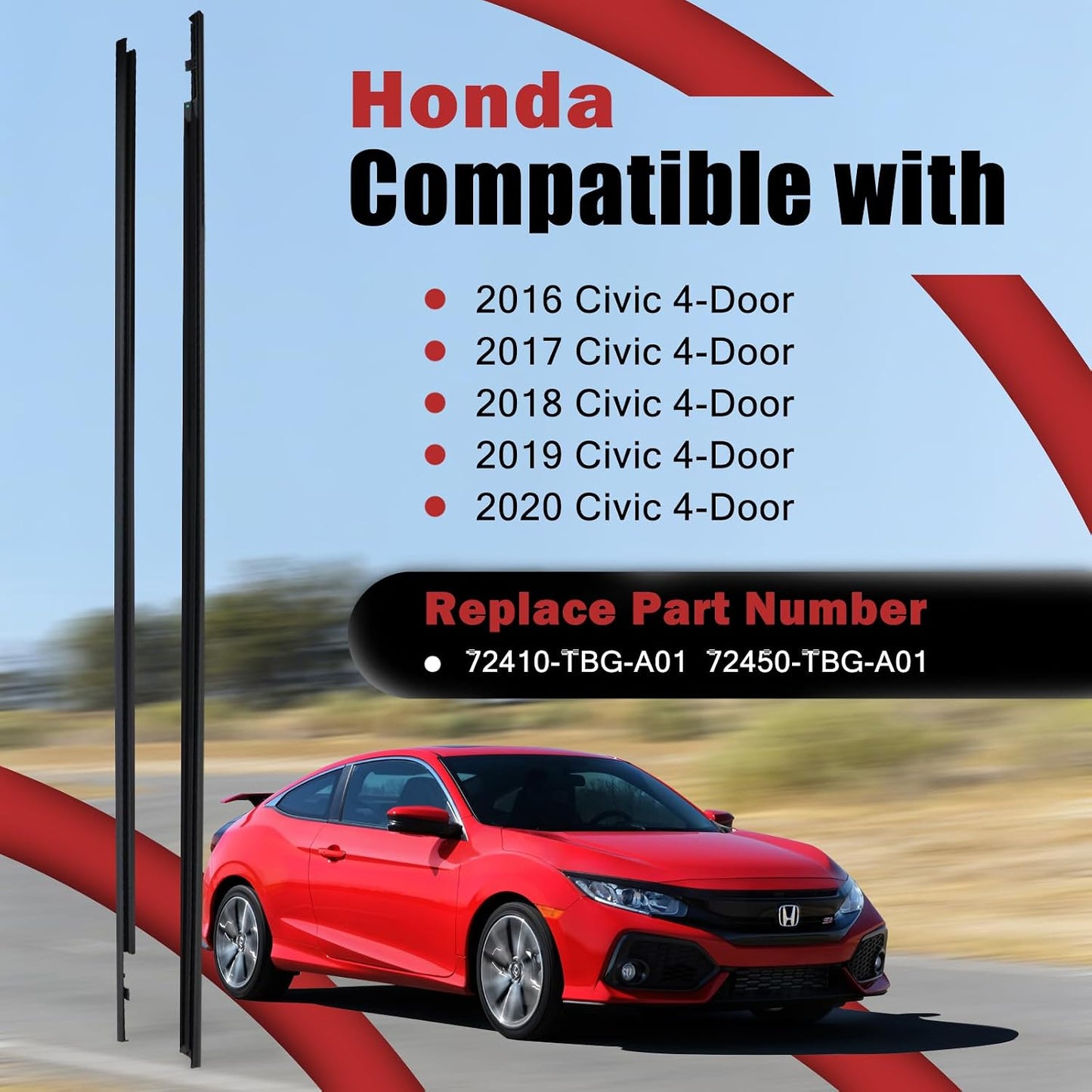 2Pcs Window Weather Stripping Molding Trim Seal Belt Compatible with 2016-2020 Honda Civic Coupe 2D Replace# 72410-TBG-A01 72450-TBG-A01