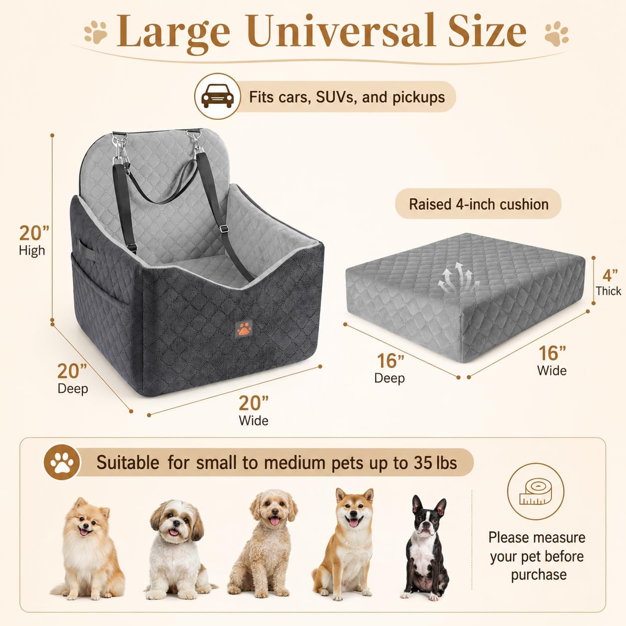 Dog Car Seats for Small/Medium Dogs, Puppy Car Seat with Side Opening, Thick Cushion, Detachable Washable Dog Carseat with Storage Pockets for Dogs Up to 35lbs (Grey)