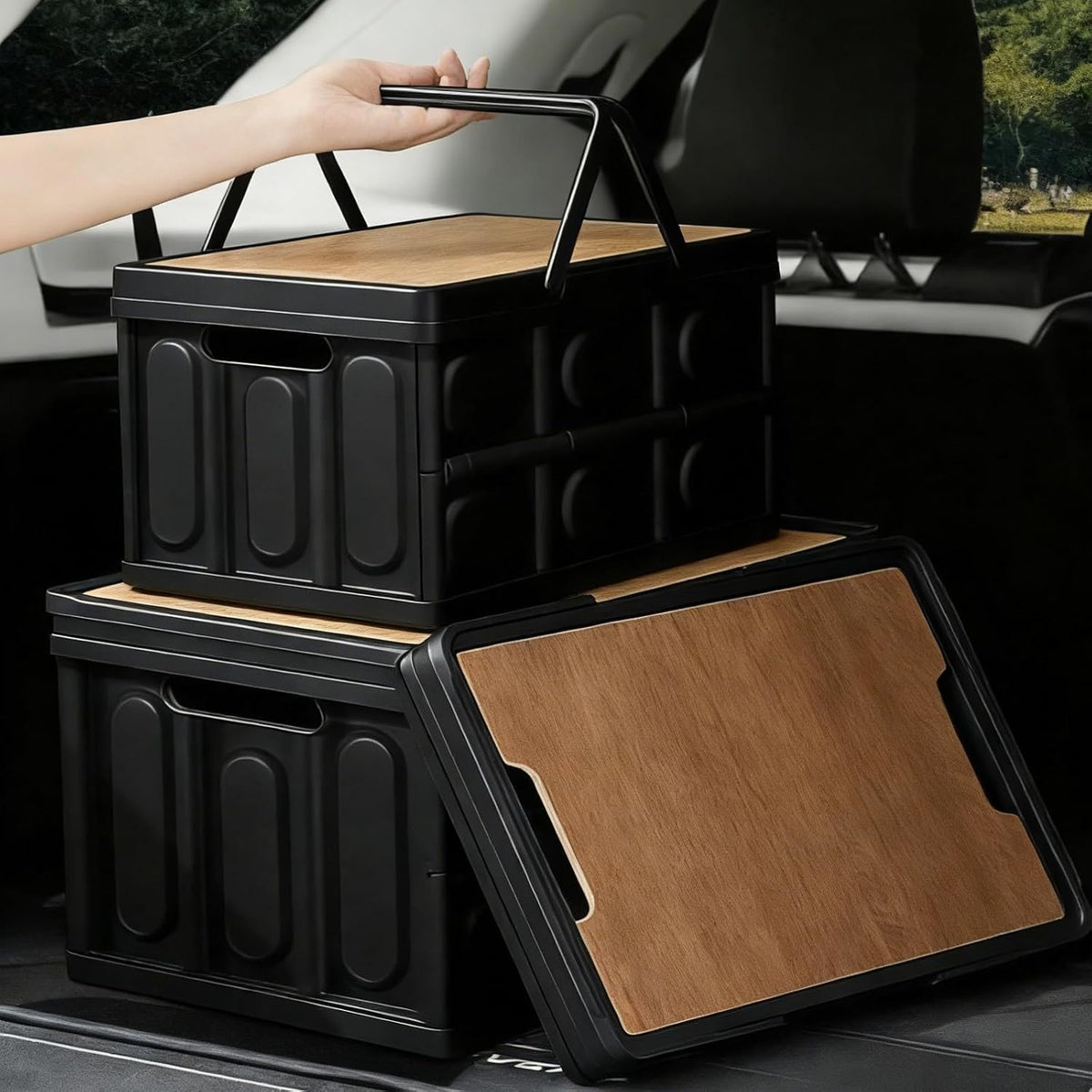 Plastic Car Trunk Organizer Box Collapsible Storage Bin with Lid 2PCKS