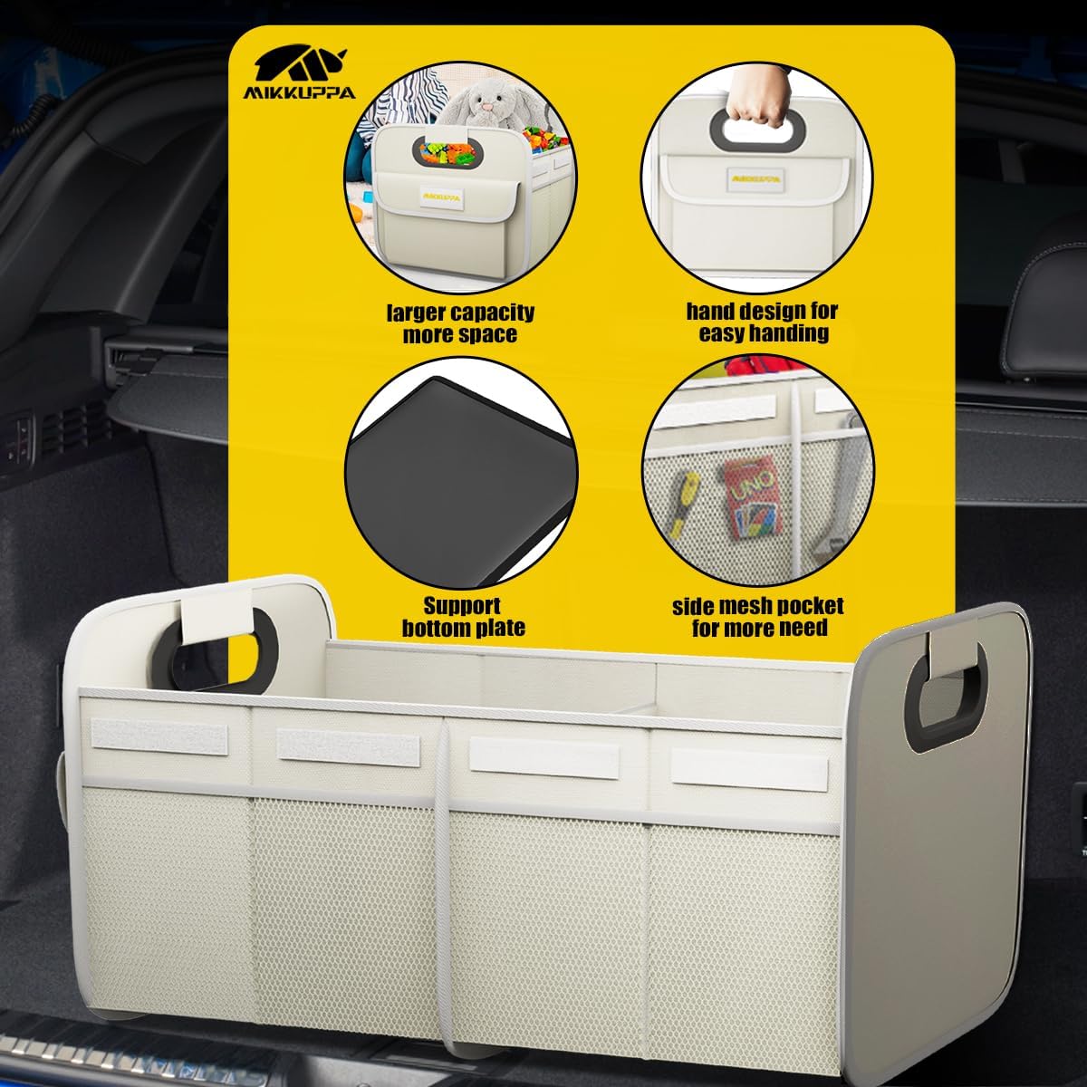 MIKKUPPA Car Trunk Organizer - 70L Collapsible Trunk Organizer with Reinforced Handles for Groceries, Car Storage Organizers for SUV Auto Truck Van with Non Slip Bottom (White)