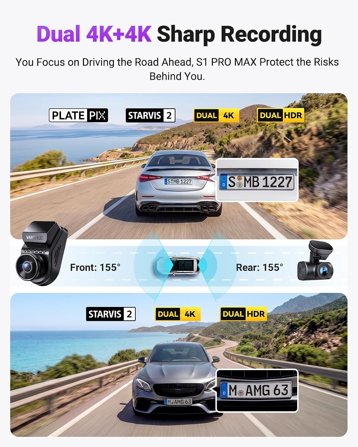 Vantrue S1 Pro Max New Dual 4K Dash Cam, 4K Front + 4K Rear Dash Camera, Dual STARVIS 2 IMX678 & Dual HDR, PlatePix Night Vision Car Dashcam, Voice/App Control, 5G WiFi GPS, G-Sensor, Parking Mode