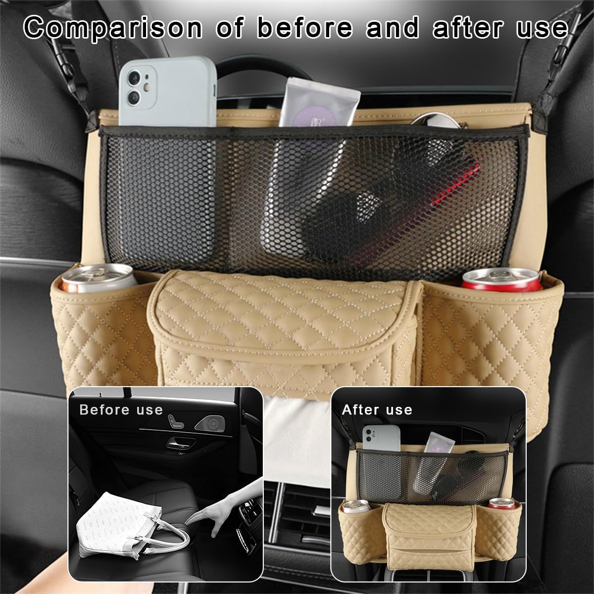 DXNQ Car Purse Holder Between Seats, Luxury Leather Front Seat Back Handbag Organizer with Tissue Box Cup Holders, Auto Large Capacity Multi Pocket Purse Holder Hanging Storage Bag (Beige)