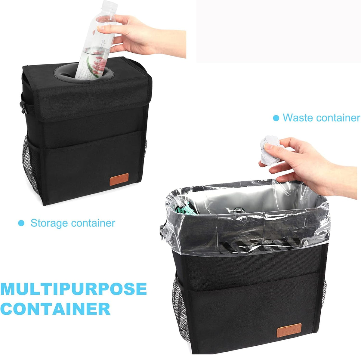 Leak Proof Car Trash Bag Waterproof Garbage Can with Lid for SUV Front Seat Multipurpose Car Hanging for Headrest Collapsible and Portable with Storage Mesh Pocket, Large/ Black