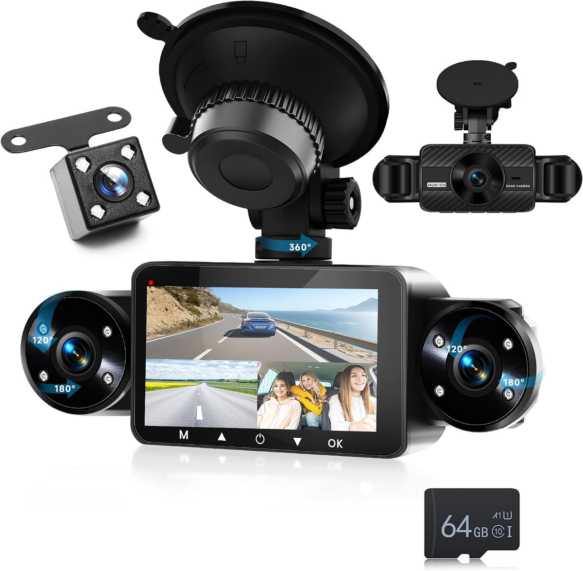 360° Dash Cam Front and Rear Inside Left Right, 4 Channel FHD 1080P Dash Cam for Cars, 3" Dashcams with 64G TF Card 8 IR Night Vision, Loop Recording, G-Sensor, 24H Parking Mode Monitor