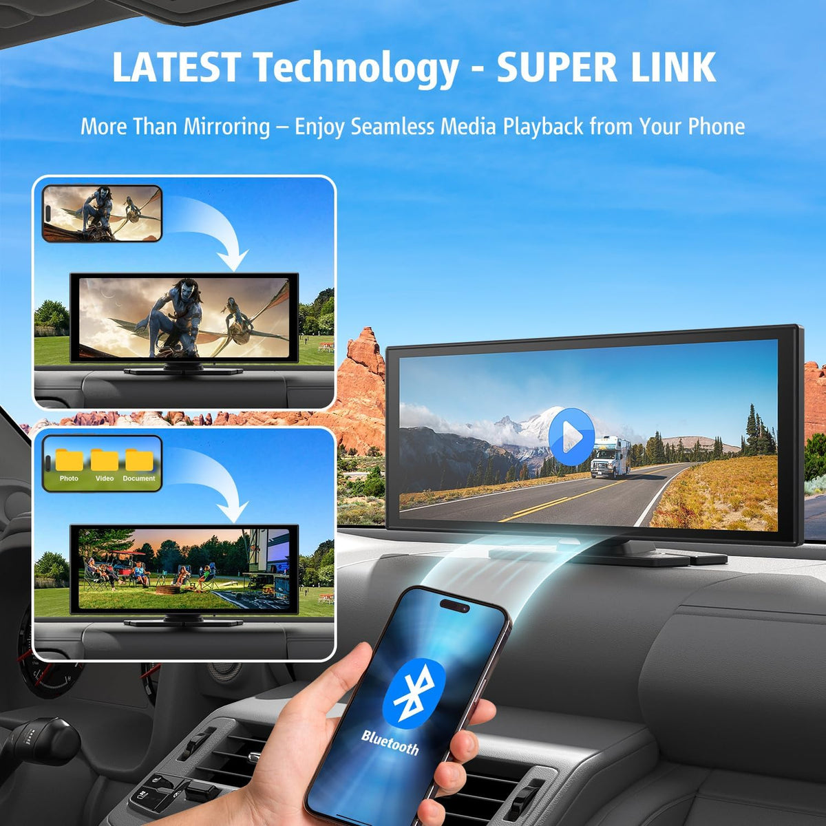 Portable Wireless CarPlay Screen, 10.26" Fully Laminated IPS Touch Screen Car Stereo with Wireless CarPlay & Android Auto, 4K Front Dash Cam,1080P Backup Camera,Super Link,Plug & Play