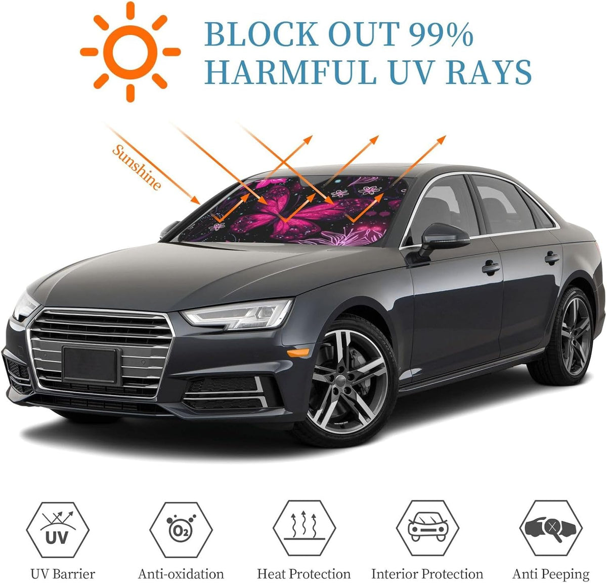 Car Shade Front Windshield Sunshade Car Windshield Cover Floral Butterfly
