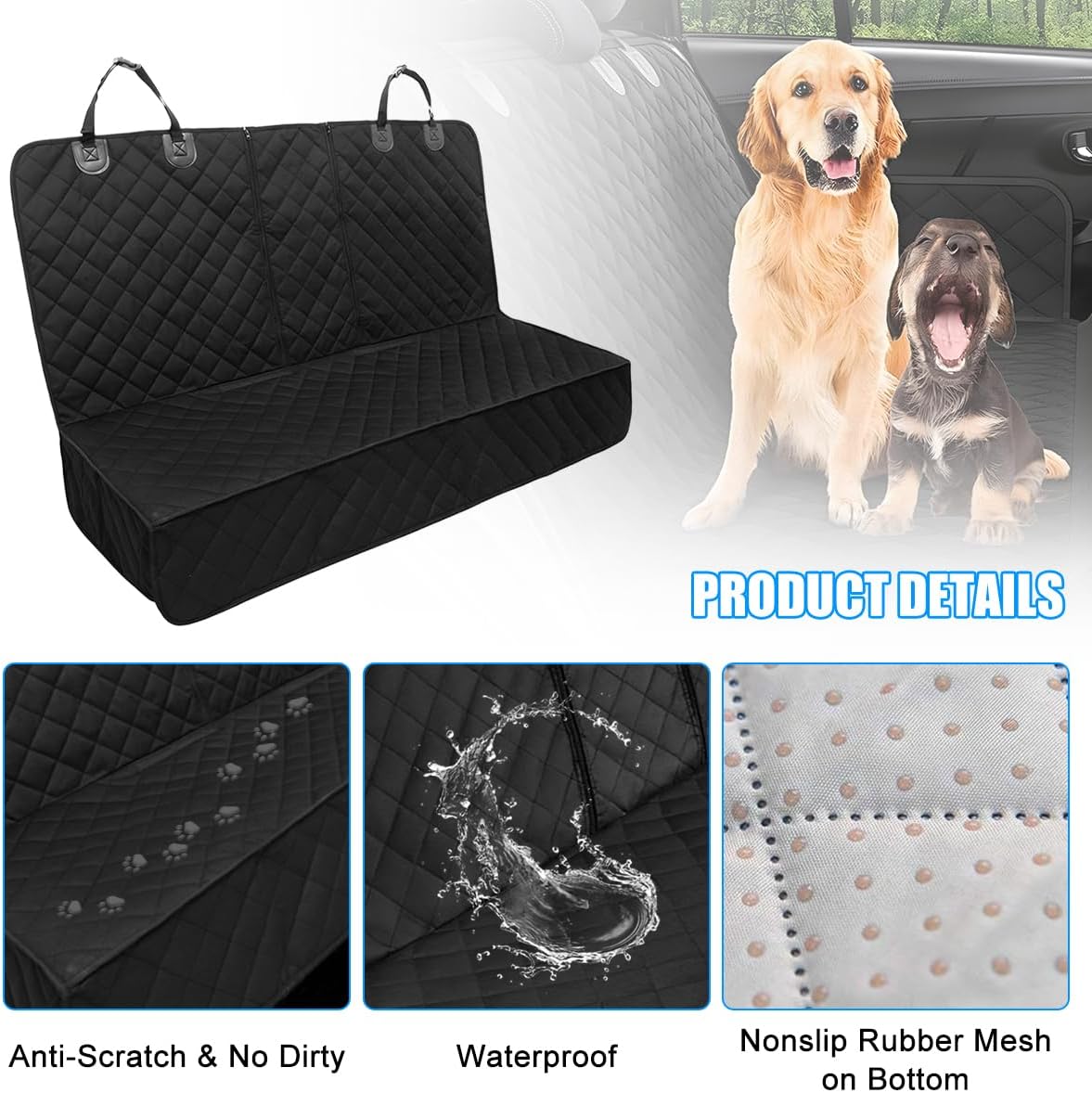 Dog Car Back Seat Cover, Waterproof Scratch-Resistant 600D Heavy Duty Vehicle Pet Bench Seat Protector, Non Slip Automotive Interior Backseat Cushions, Universal for SUV Sedan Truck (Black)