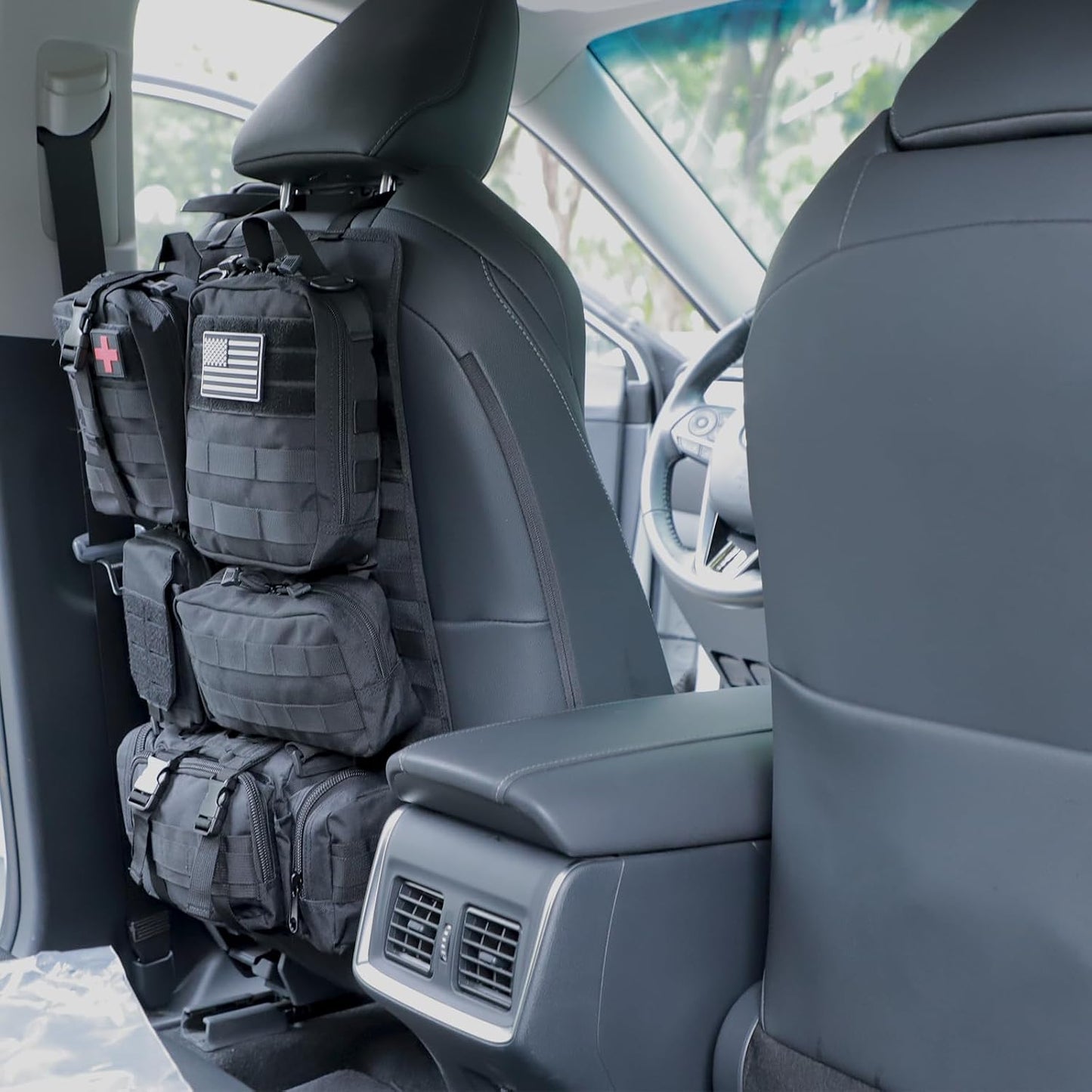 Jimikay Tactical Car Seat Back Organizer Hanger Bag with 5 Detachable Molle Pouch Vehicle Molle Panel Organizer Storage Bag Universal for for most car models (Black)