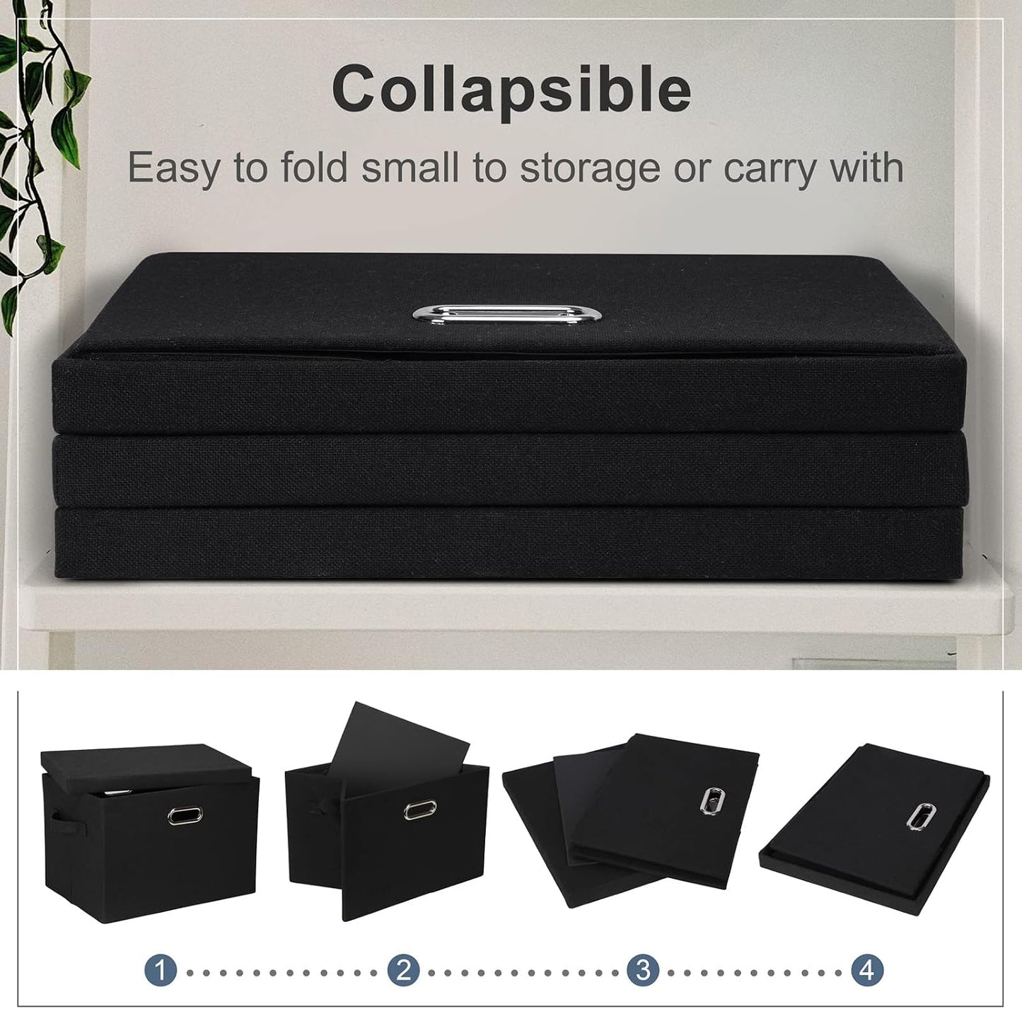 Graciadeco Large 17" 36 Quart Collapsible Stackable Storage Bins with Lids, 3 Packs Black Linen Fabric Closet Boxes with Lids, Storage Cube Baskets Container Organizers for Bedroom Office(17 x12 x11)