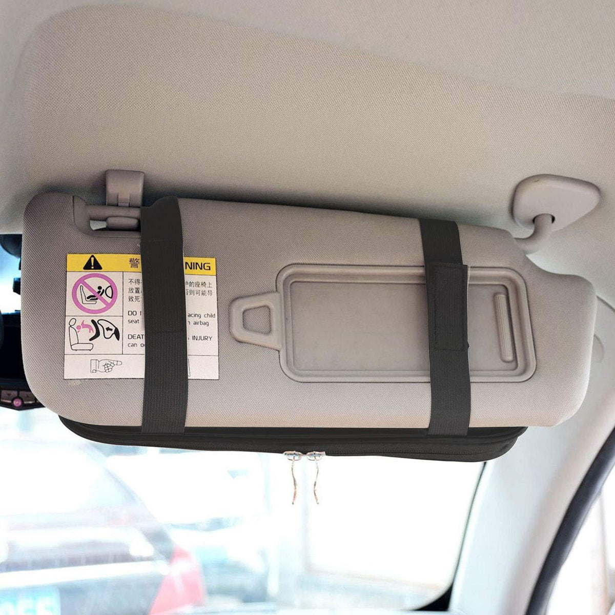 Car Sun Visor Organier Truck SUV Sun Visor Storage Pocket Pouch Holder, Multi-Pocket PU Leather with Zipper Net, for Cards Pens Sunglasses Document (Black)