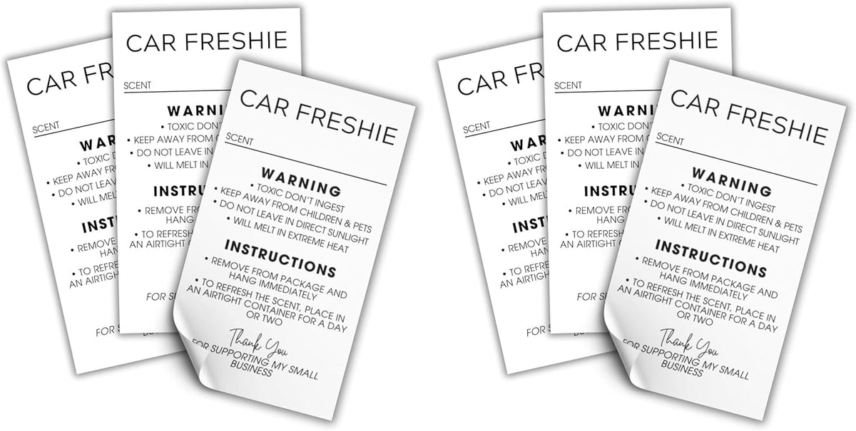 Freshie Care Instructions and Warning Labels Stickers | 2x3.5” 250 pc Roll Car Air Freshener Cards Inserts for Holographic Bag Package Write in Scent