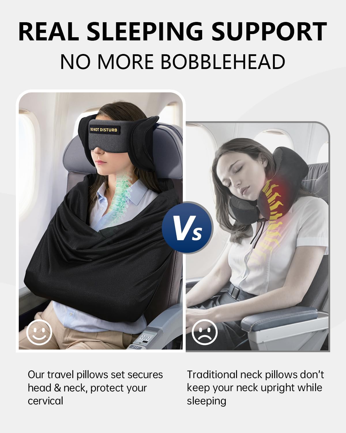 Travel Pillow and Blanket Set, Compact Airplane Pillow Bag with Eye Mask for Long Flights Sleeping, 360° Support Head Strap Travel Essentials for Plane Car Sleep Neck Upright, Stop Head Drop(Grey)