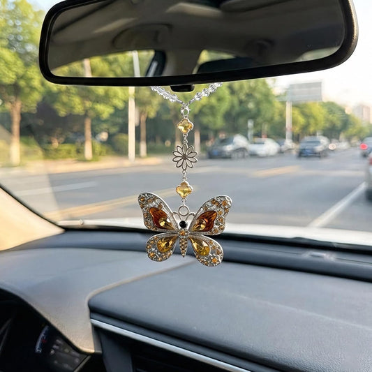 Butterfly Car Accessories Rearview Mirror Hanging Charm, Crystal Suncatcher Car Decor for Women, Aesthetic Hanging Crystals Rainbow Maker Ornament for Automotive Windows Home Room (Brown)