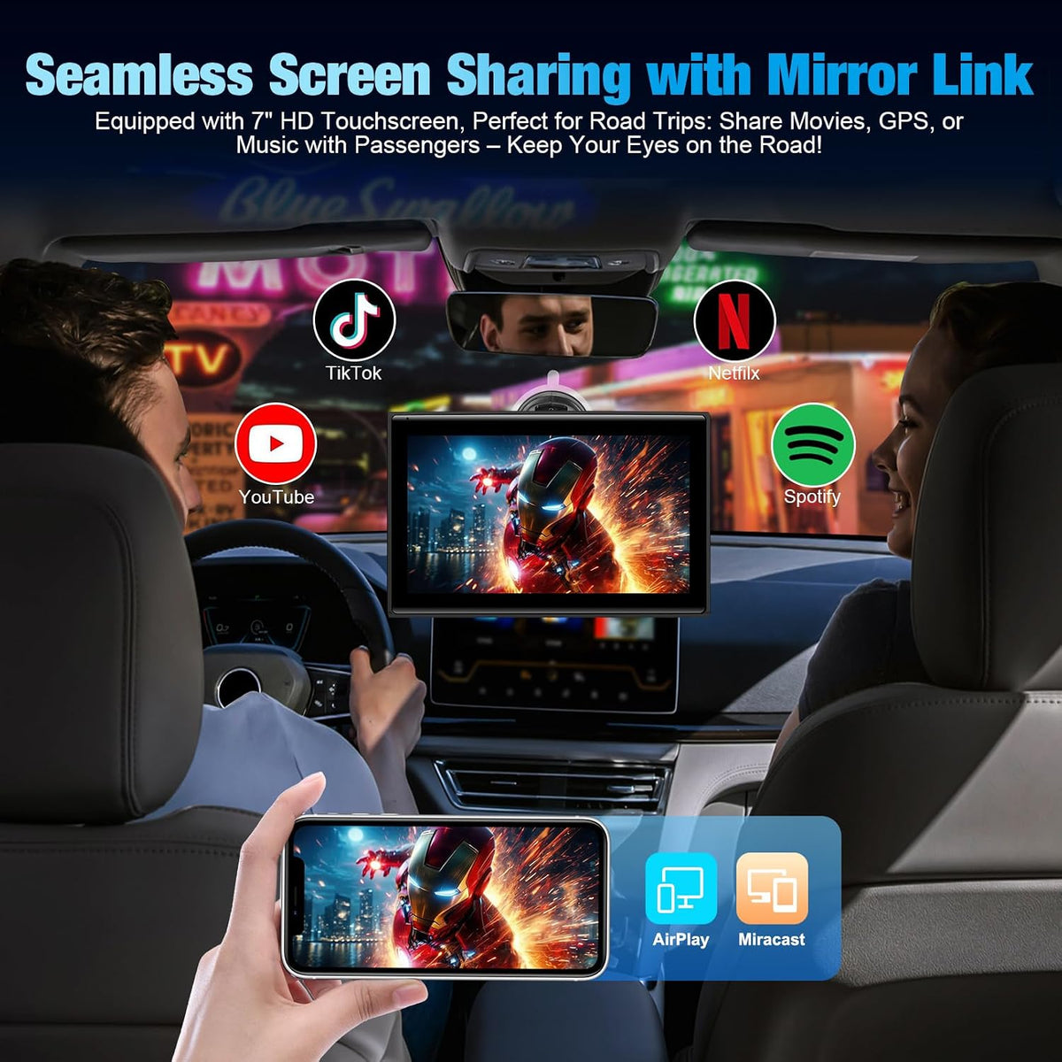 7" Portable Wireless CarPlay Screen for Car – Apple CarPlay & Android Auto, HD Touch Screen Car Stereo, Bluetooth, GPS Navigation, Voice Control, Plug-and-Play with FM/AUX/Mirror Link (Black)