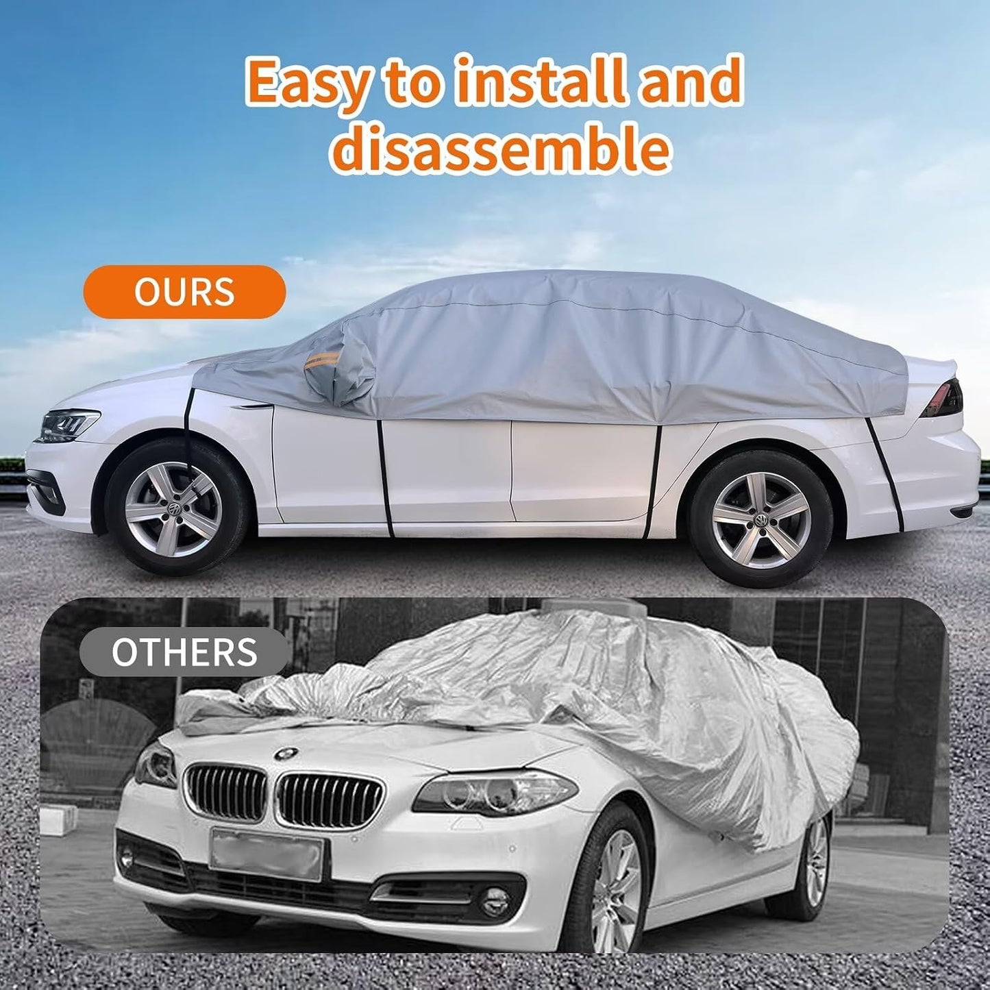 Half Car Cover Top, Windshield & Sunroof Cover for Ice and Snow with Cotton Liner, Car Cover Waterproof All Weather for Snow, Sun, Rain, Dust, UV Protection Fit Sedan Universal