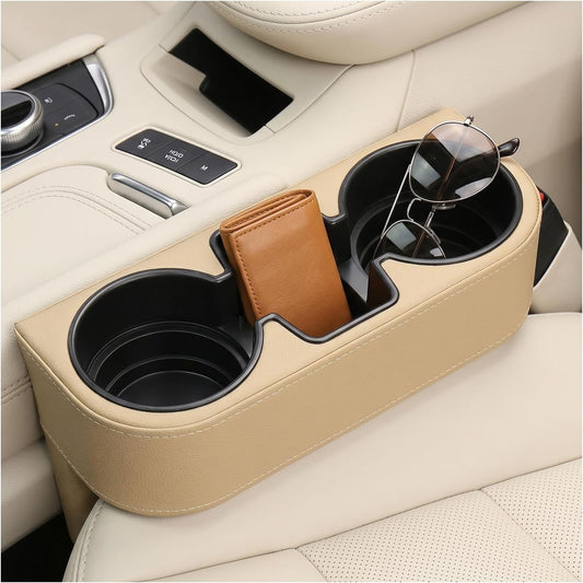 Car Seat Gap Filler Organizer, Multifunctional Auto Front Seat Storage Box with 2 Cup Holders, Auto Console Side Organizer Anti-Drop Gap Filler for Holding Phone Glasses Drinks (Beige)