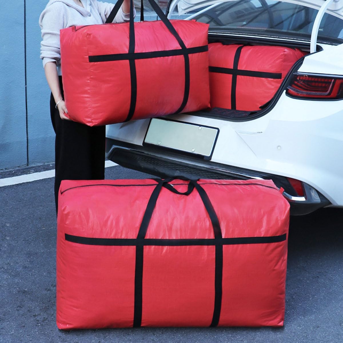 Extra-large Tarp Storage Bag (Red, 45Gal/170L) | Double Zipper, Moisture Resistant and Dustproof, Lightweight Foldable for Moving, Travel, Camping, and Seasonal Organization