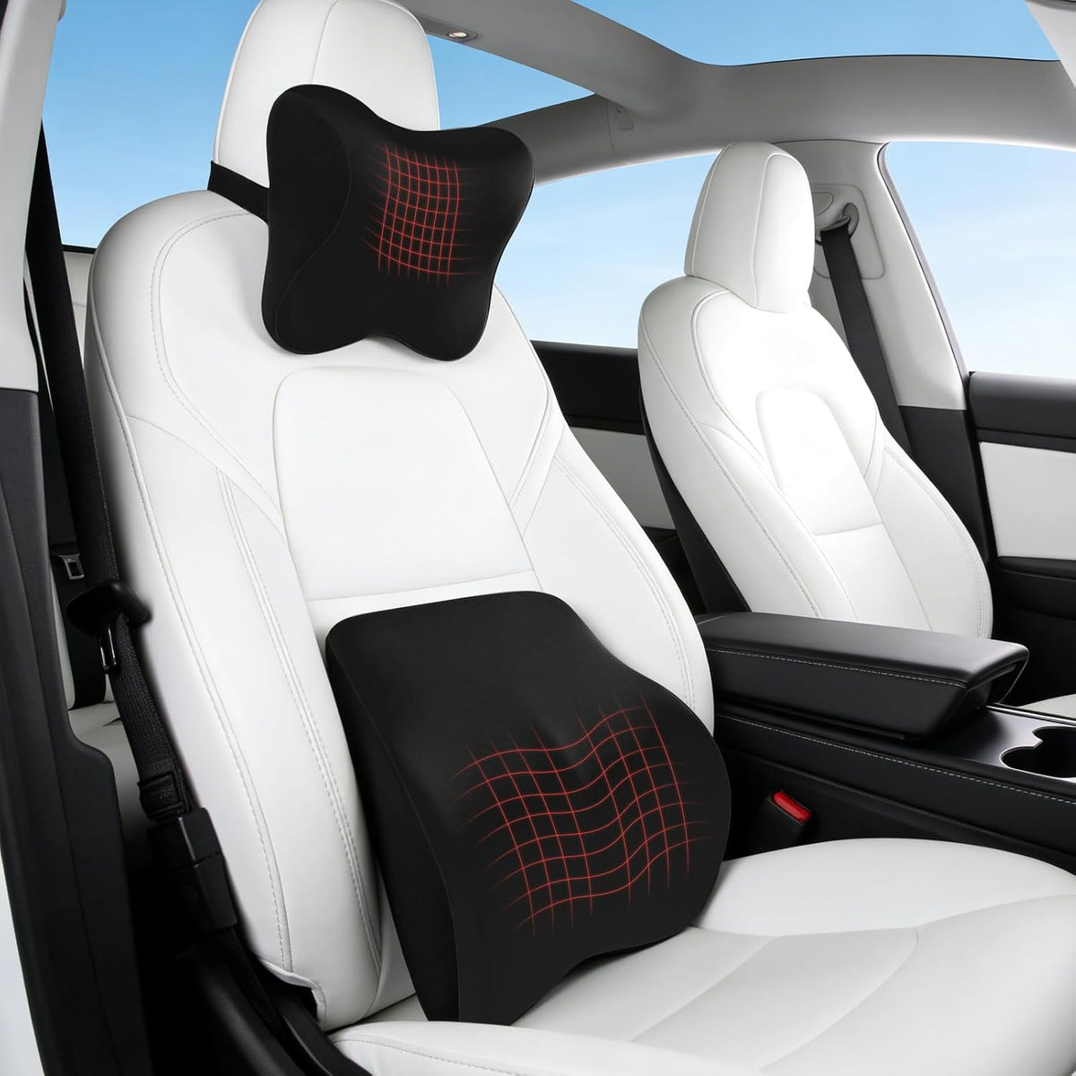 Car Headrest & Lumbar Support Set, Ergonomic Memory Foam Neck Pillow, Comfortable Travel Pillow for Car Truck SUV, Ideal for Long Driving (Gray) (Black)