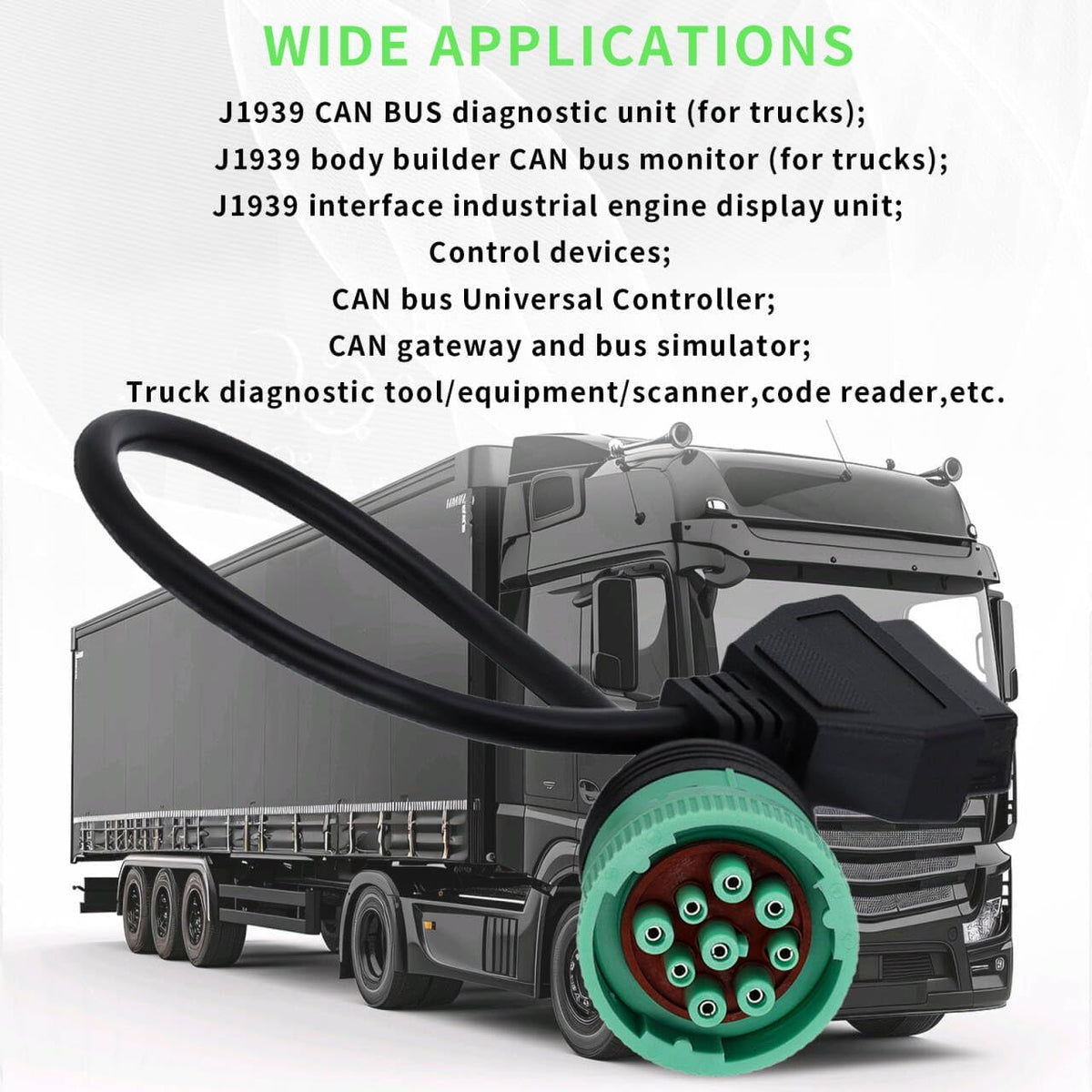 Green Type 2 J1939 9pin to OBD2 Cable Adapter for Heavy Duty Trucks