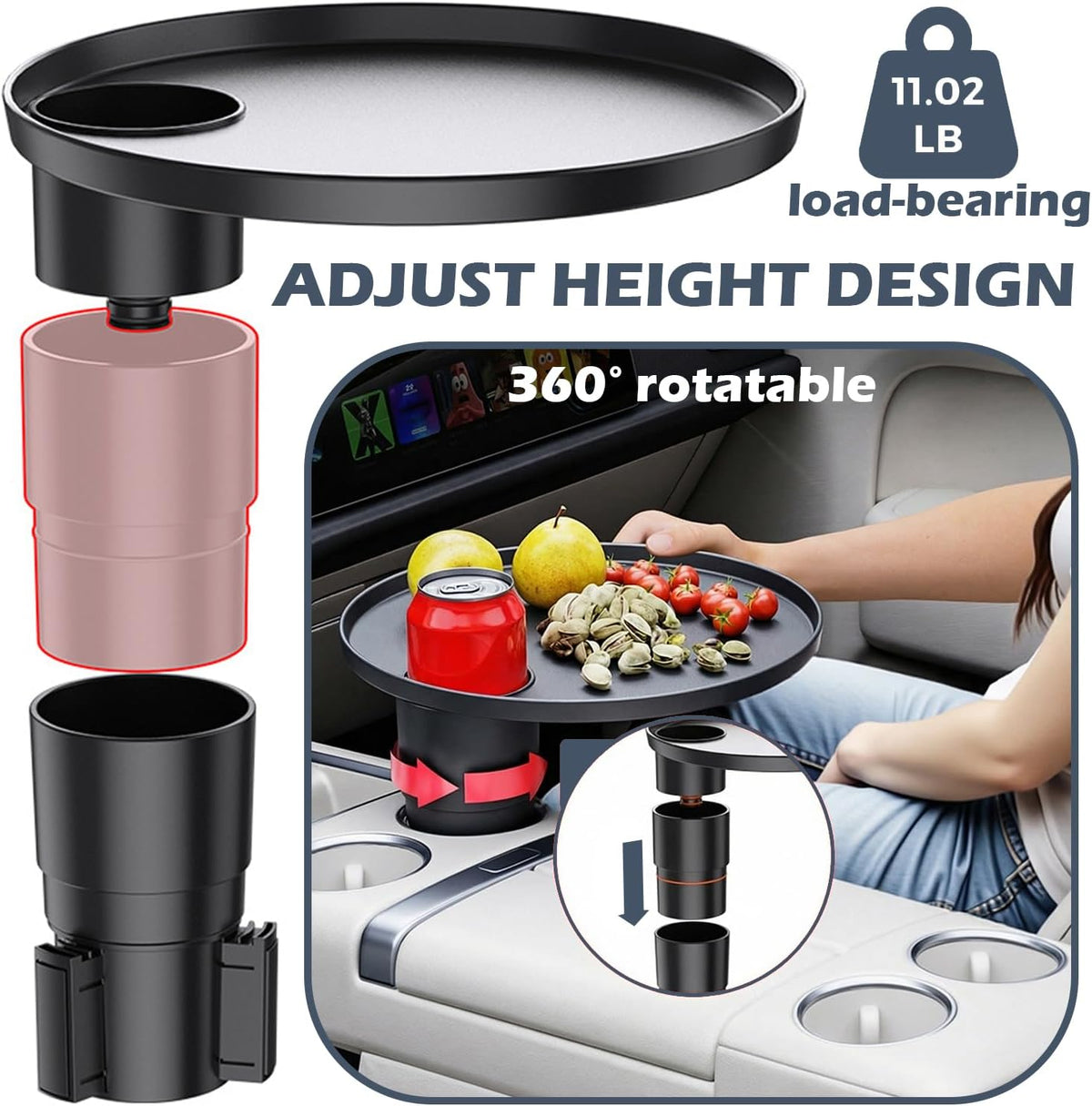 Car Tray, Height-Adjustable Car Food Tray & Cup Holder Table, 360° Rotating Car Desk for Laptop, Steering Wheel Tray, Car Accessories Universal for Most Vehicles