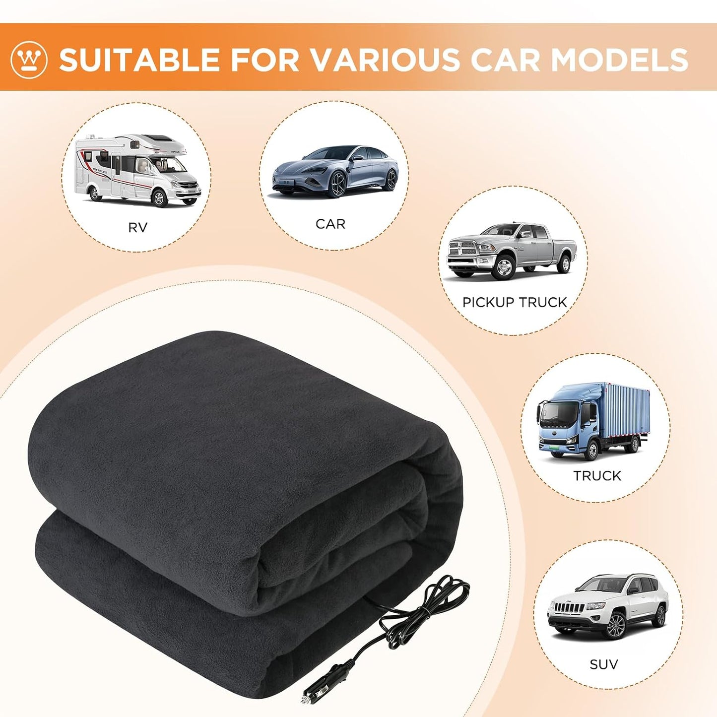 Westinghouse Heated Car Blanket, 12-Volt Electric Blanket for Car, Truck, SUV, RV, Portable Heated Throw for Camping, Charcoal, 59" x 43”
