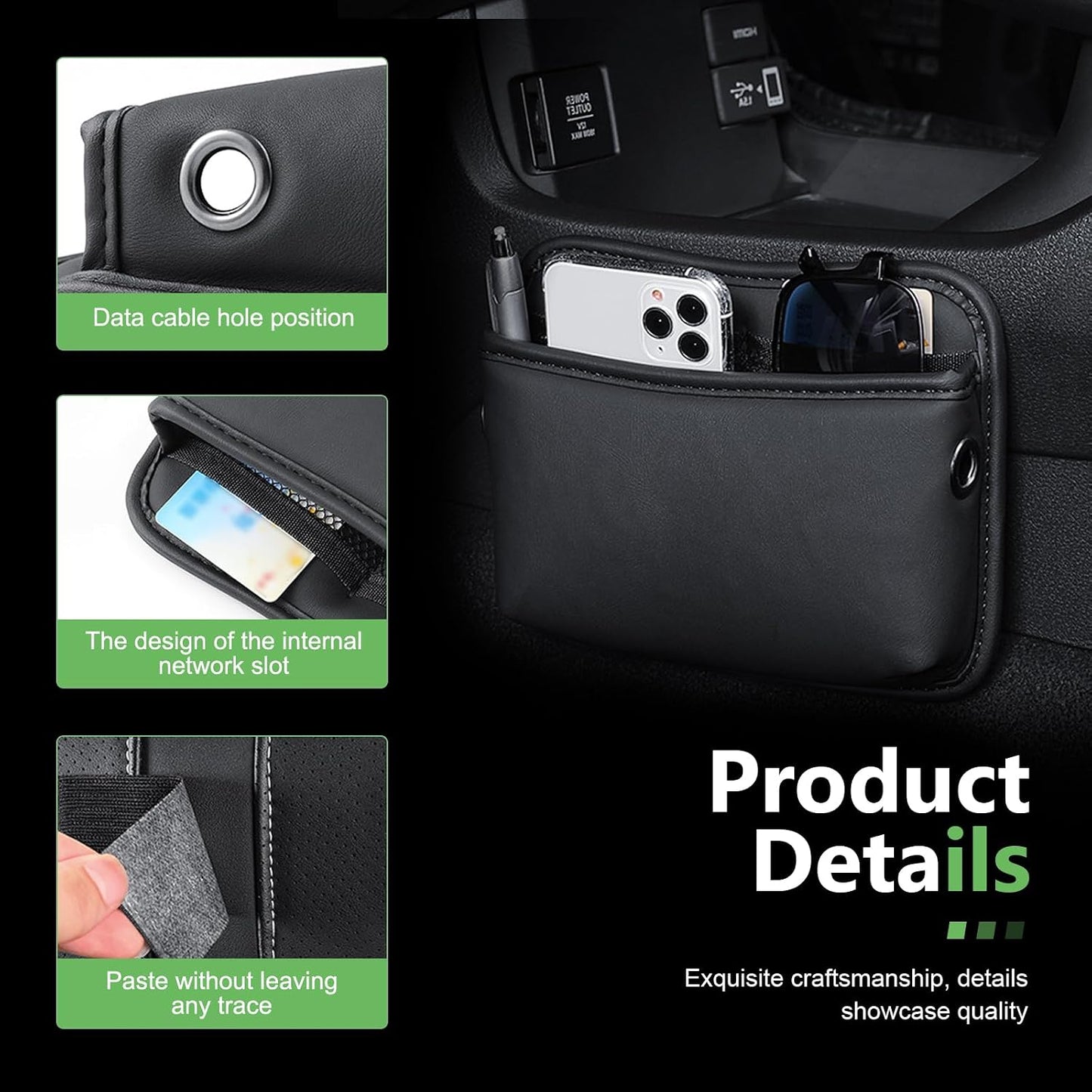 2 PCS Car Seat Side Storage Pocket, Leather Self-Adhesive Car Seat Storage Pouch, 5.94" x 7.44" Multifunctional Convenient Auto Organizer Bag for Phone Keys Sunglass &amp; Wallet (Black)