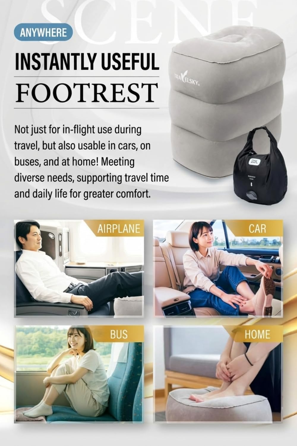 Inflatable Foot Rest for Airplane Travel - Adjustable Height Leg Pillow for Long Flights - Portable Travel Footstool with Pump-Free Inflation Bag - Car & Office Leg Rest Essentials