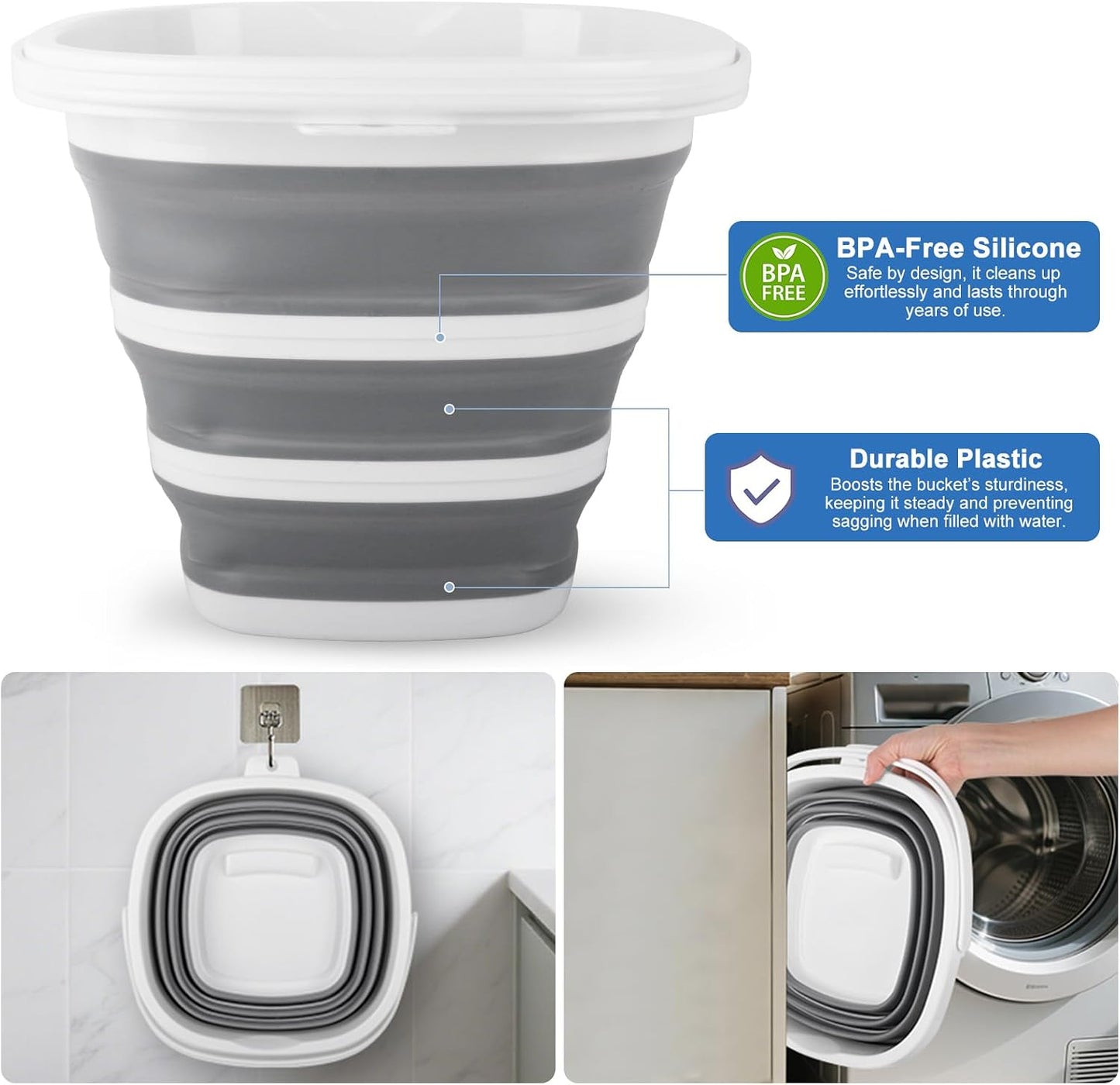 10L Collapsible Bucket for Cleaning, Portable Ice Bucket Water Pail for Space Saving, Foldable Sand Buckets with Handles for House Bathroom, Plastic Tub Sink Camping Wash Basin RV Essentials