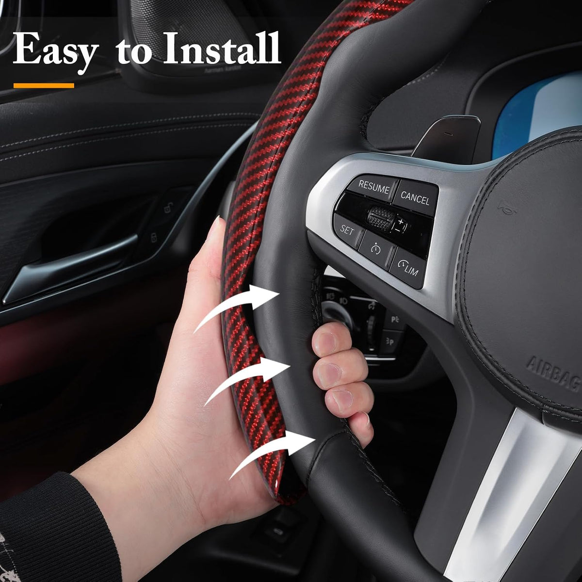 Carbon Fiber Steering Wheel Cover Universal 3pcs Protector Glossy Red