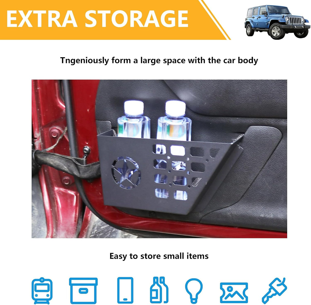 Front Door Storage Pockets Organizer Box for 2011-2018 Jeep Wrangler JK JKU Unlimited 2/4 Door Insert Storage Expansion Interior Accessories 2 Pack Black Metal with Star