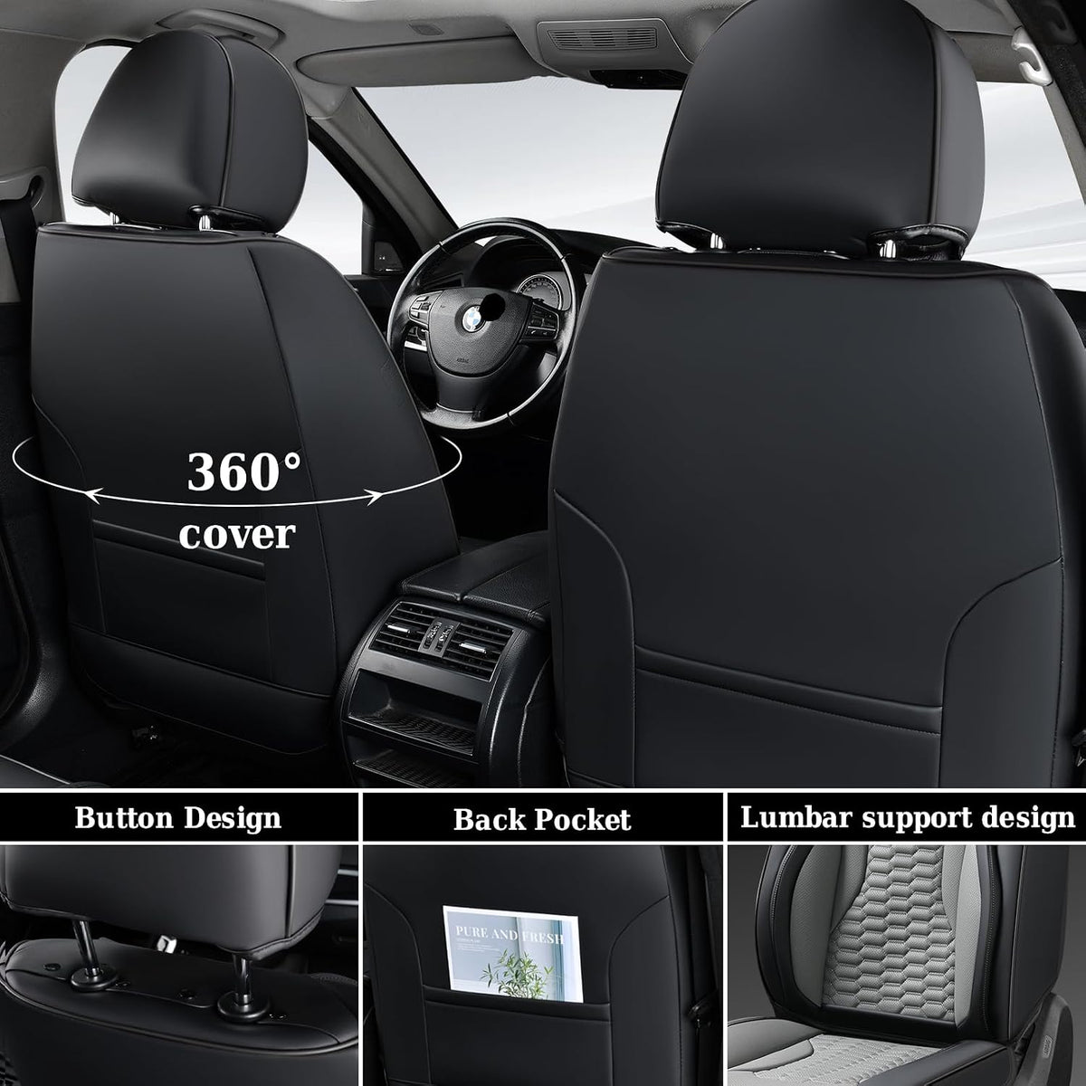 Coverado Car Seat Covers Front Seats, Luxury Leather Seat Covers for Cars, Automotive Car Seat Covers Protector Universal Fit Most Sedans, SUVs, Pick-up Trucks Interior Accessories(Black&Gray)