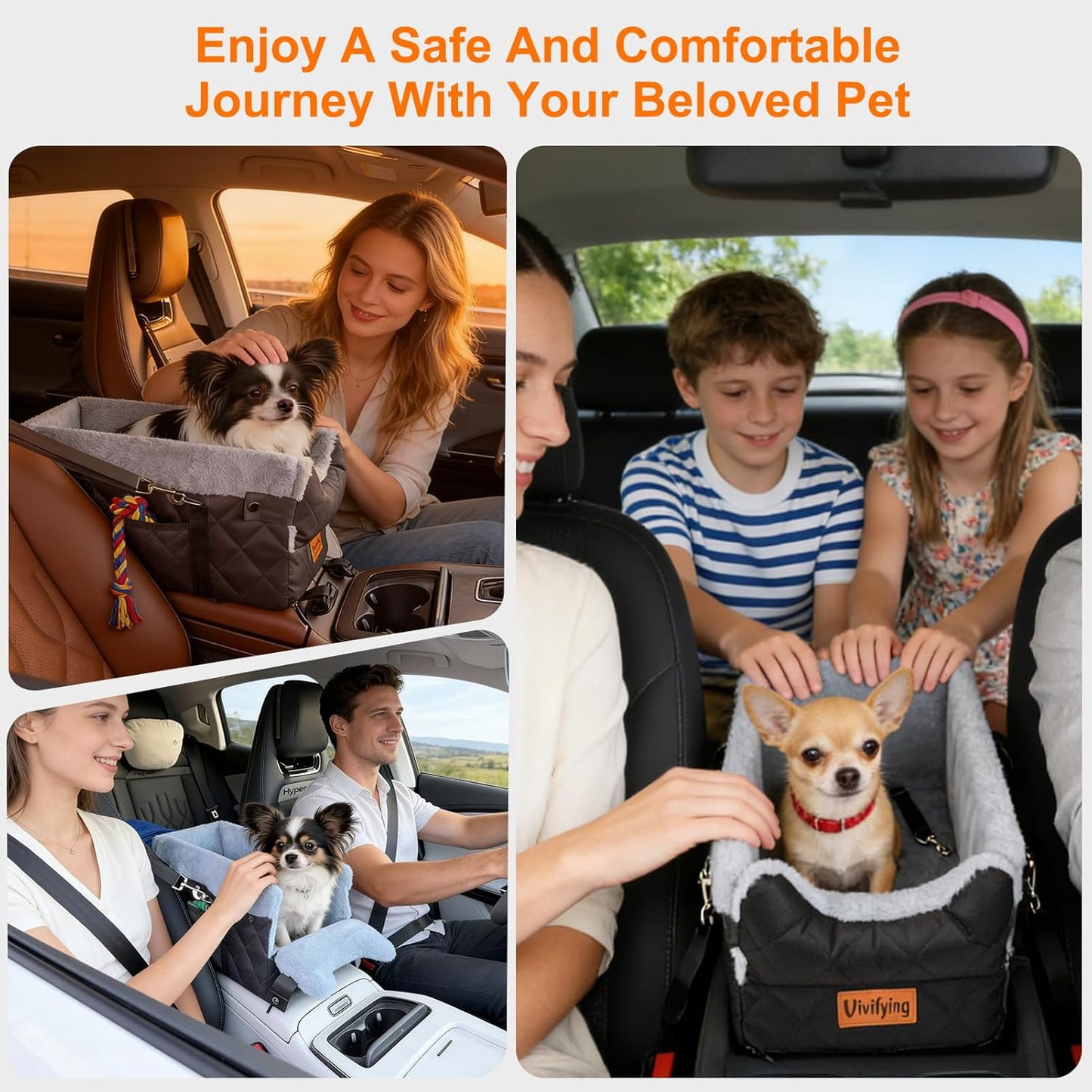 Vivifying Center Console Dog Car Seat for Small Dogs Up to 10 lbs, Plush Pet Booster Seat with Safety Leash, Adjustable Straps, Storage Pocket, Portable Car Seat for Puppies, Black & Grey