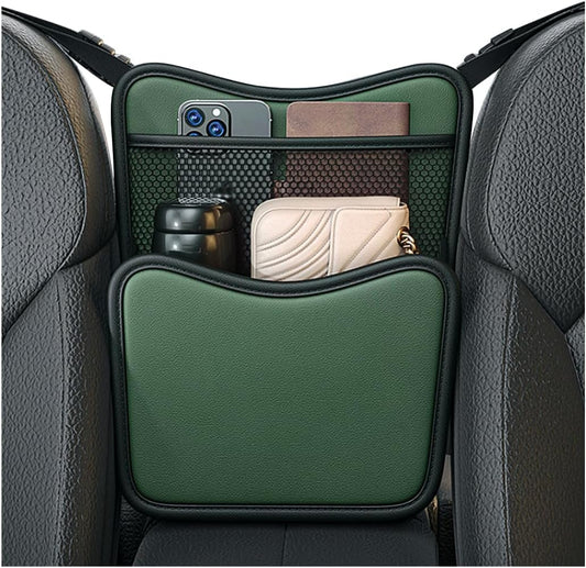 Car Organizer Storage Between Seats, Leather Car Console Hanging Storage Organizer with Mesh Pocket Tissue Box, Multi-Functional Large Capacity Headrest Holder Bag for Purse Snack (Green)