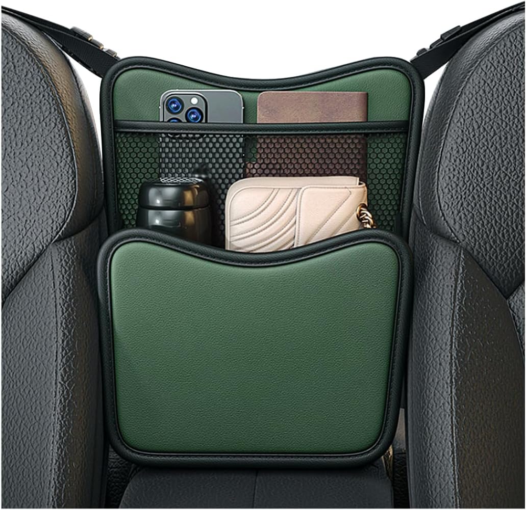 Car Organizer Storage Between Seats, Leather Car Console Hanging Storage Organizer with Mesh Pocket Tissue Box, Multi-Functional Large Capacity Headrest Holder Bag for Purse Snack (Gray)