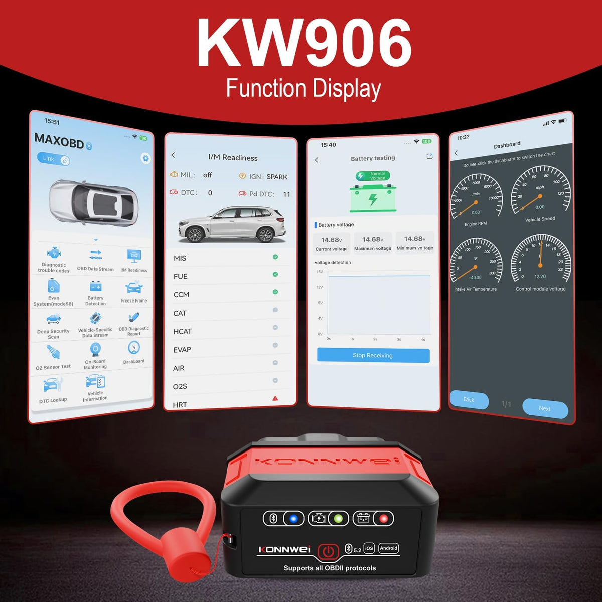KONNWEI KW906 Red OBD2 Scanner Bluetooth (Red)