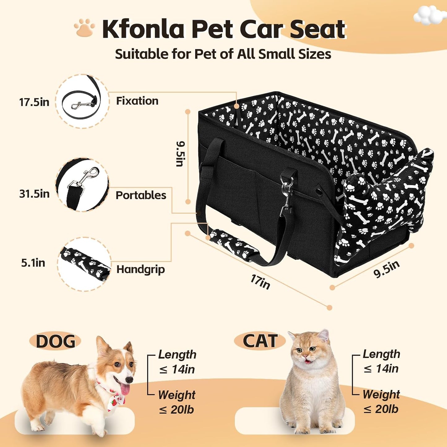 Center Console Dog Car Seat, Portable Pet Cat Puppy Booster Armrest Carseat, Anti-Collapse Pet Car Seat with Safety Leash, Adjustable Straps, Storage Pockets, Support Pet Up to 15lbs (Black)