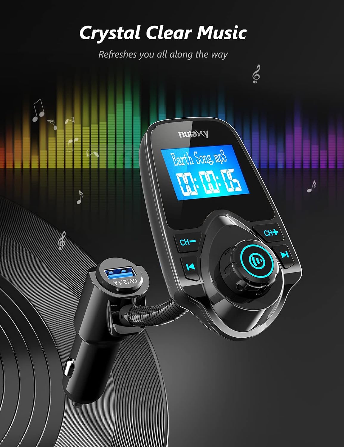 Nulaxy Bluetooth 5.4 Car Adapter FM Transmitter with 1.44" LCD Screen Black