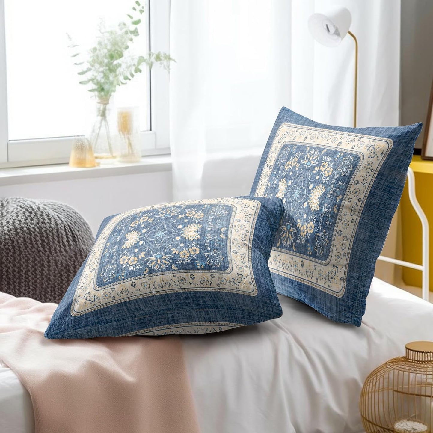 Giwawa Blue Boho Throw Pillow Covers 16x16 Inch Ethnic Floral Decorative Pillow Cases Set of 2 Square Cushion Covers for Sofa Couch Outdoor Decor